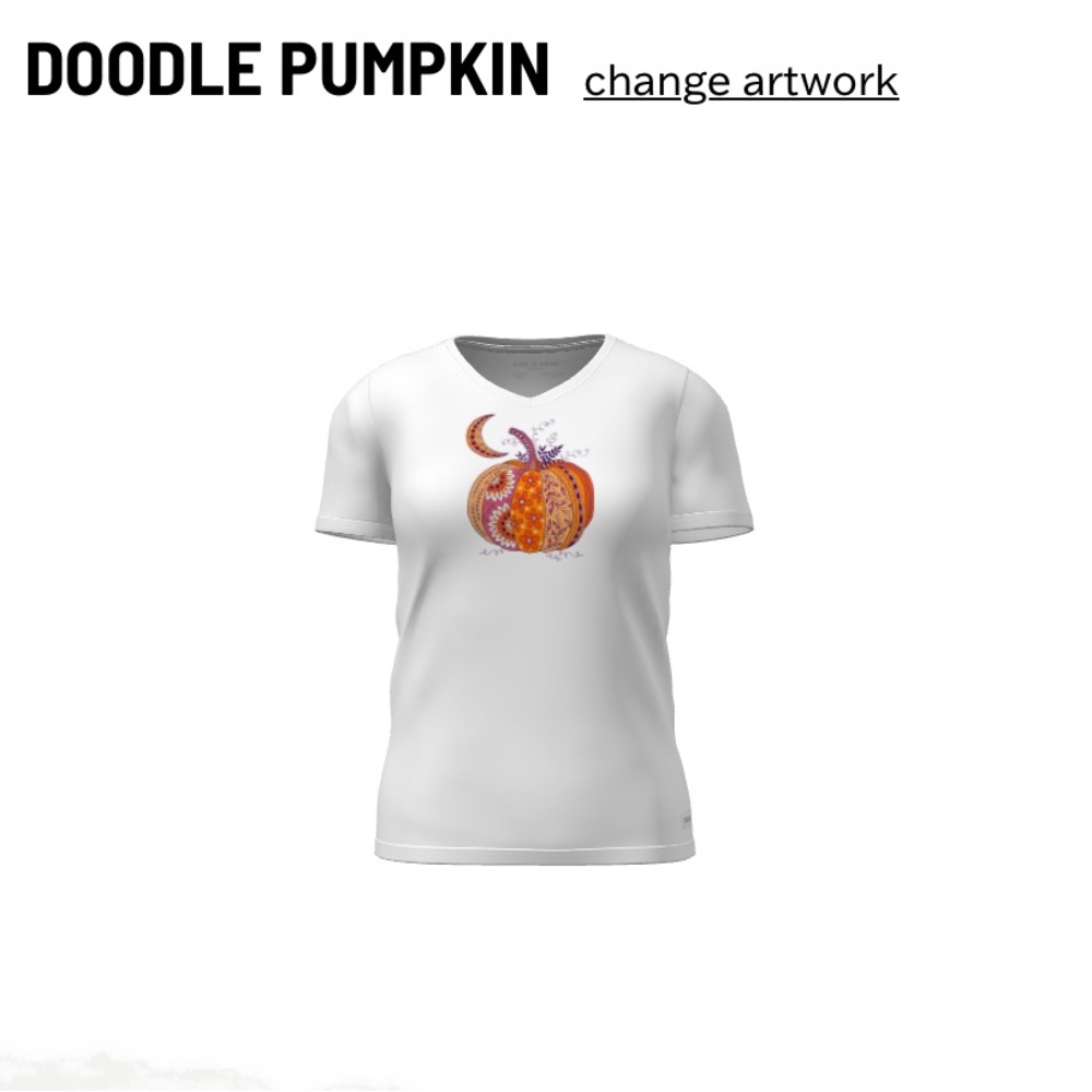 Life Is Good White short sleeve Vee with Colorful, Doodle Pumpkin Design- XL